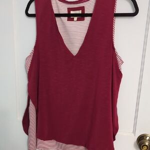 Deletta Sz L Layered Burgundy Sleeveless V-Neck Tank Top with Stripes